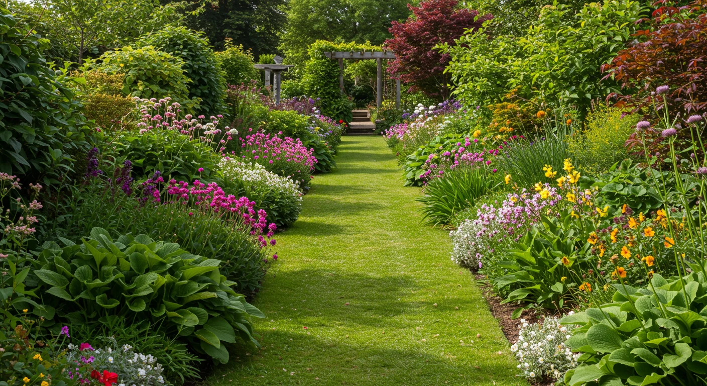 Vibrant flower bed with colorful perennials in Bucks County, meticulously maintained by Galaxy Landscaping garden care services.