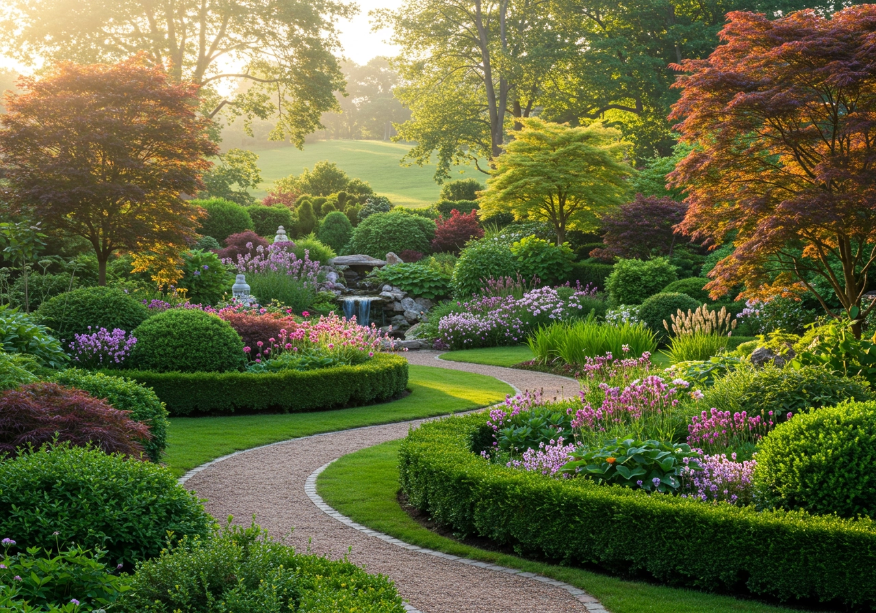 Galaxy Landscaping design project: winding gravel path, boxwood hedges, vibrant flowers, waterfall feature, and ornamental trees in a Bucks County garden.