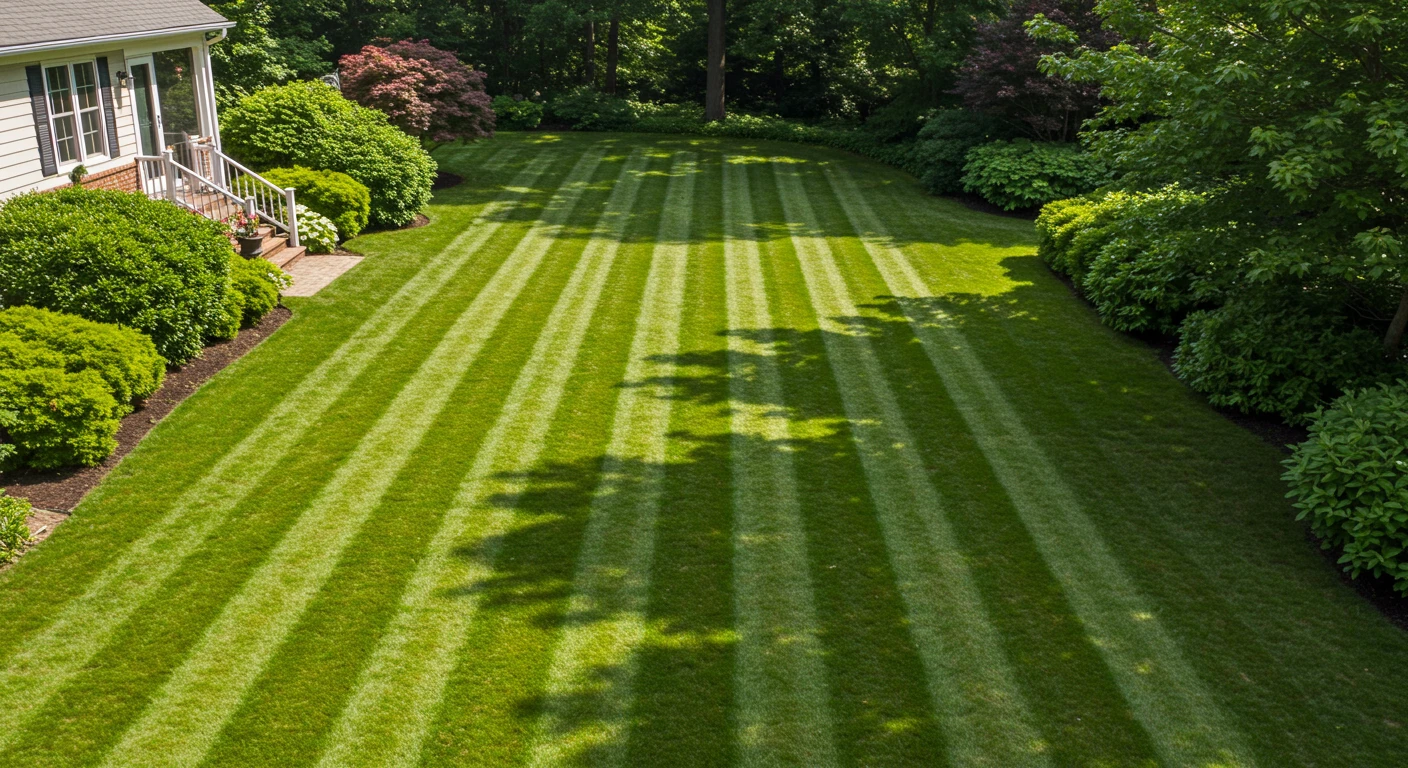 Perfectly mowed green lawn with sharp stripes in a Bucks County residential yard, maintained by Galaxy Landscaping.