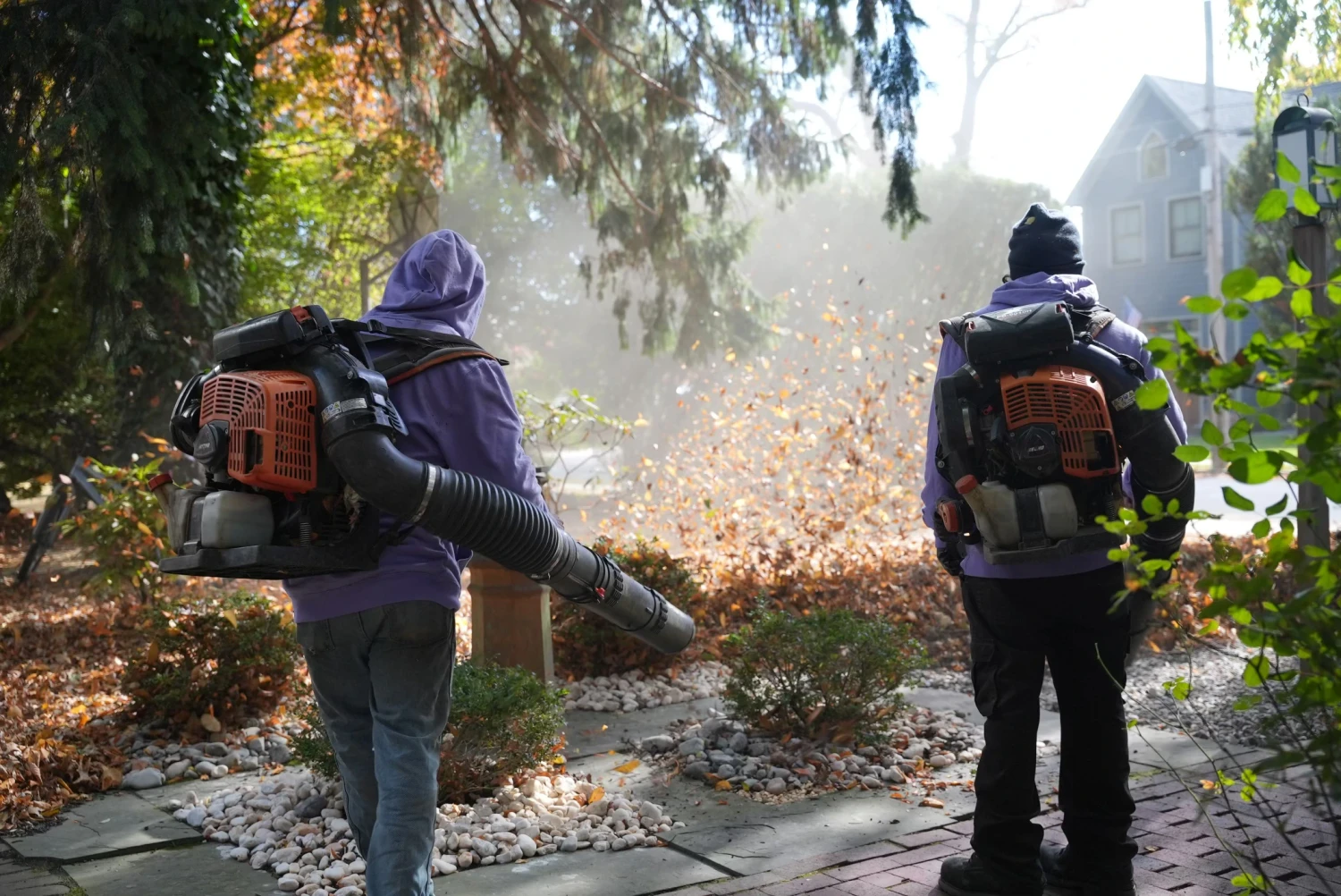 Galaxy Landscaping performing seasonal fall clean-up with leaf blowers in Bucks County, PA.